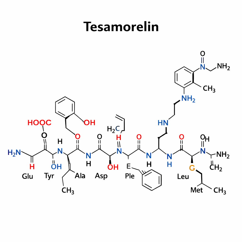 Molecular structure diagram of the peptide Tesamorelin with amino acids and chemical bonds