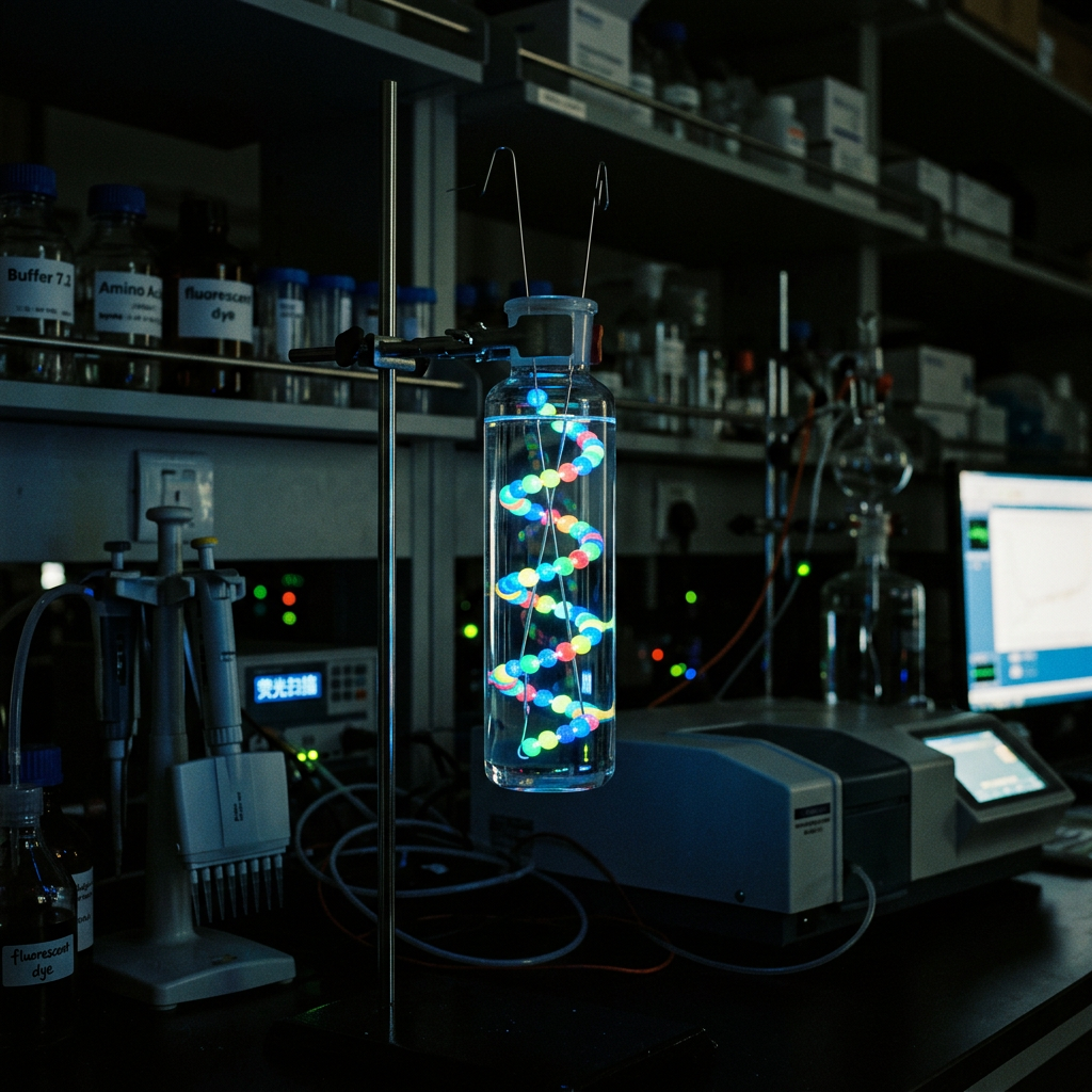 Fluorescent DNA double helix model in a clear container in a laboratory environment